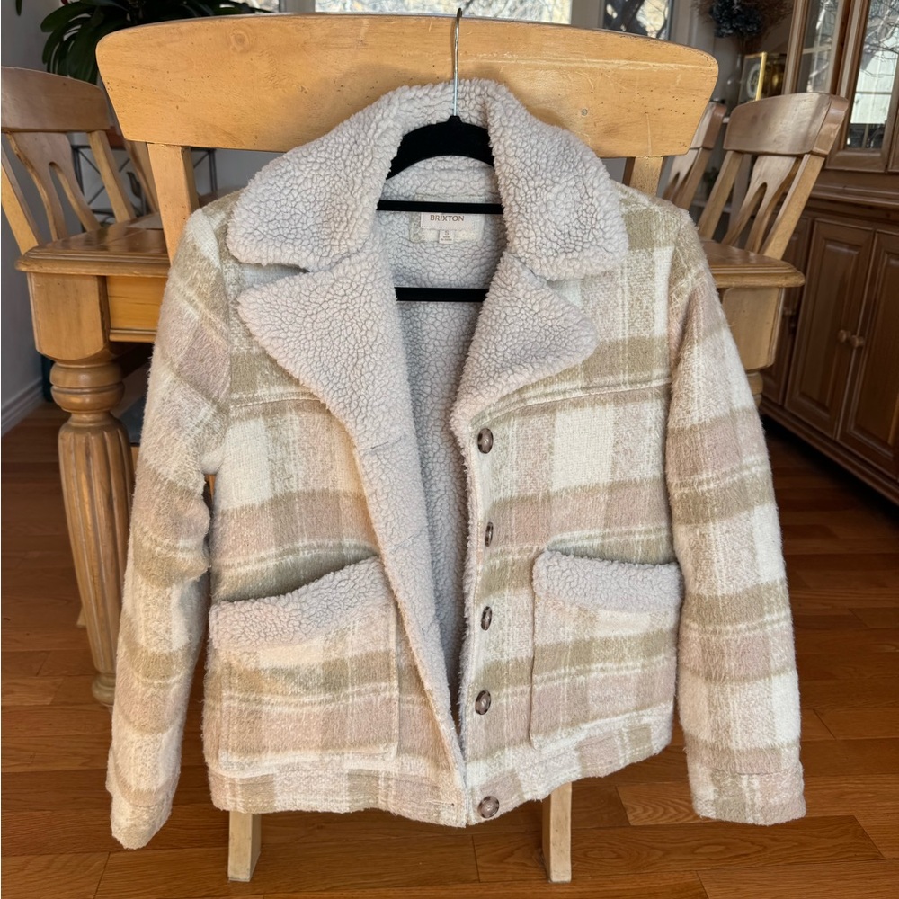 Brixton Cream and White Flannel Jacket with Sherpa Lining
